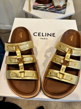 Celine Triomphe Mule 30 Metallic Gold Leather Triple-Strap Slides